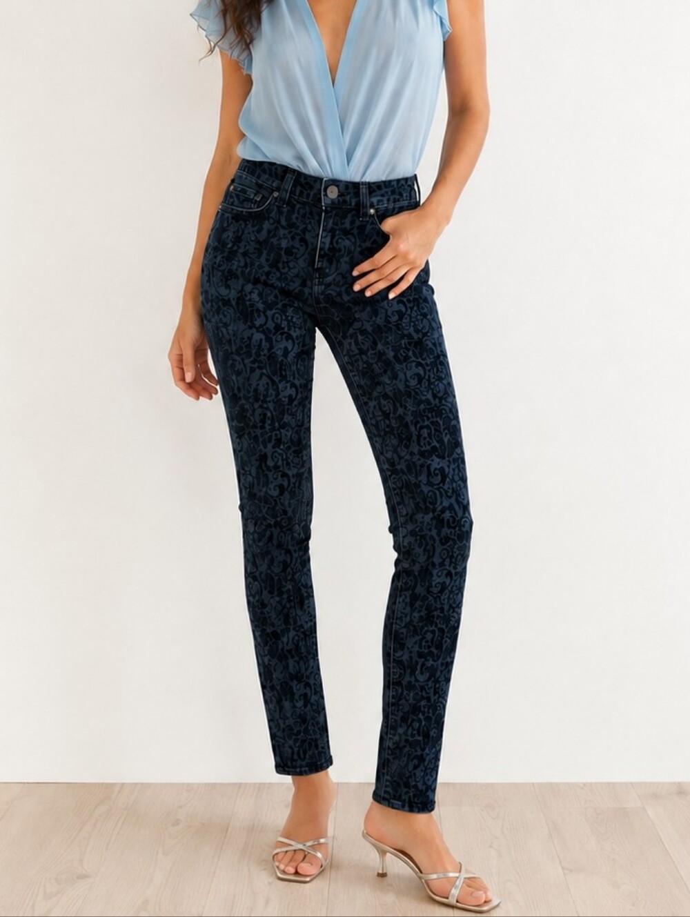 J Brand Blue Black Flocked Corduroy Velvet Skinny Pants 26